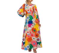 lagerverkauf Restposten Kleid Damen Langarm Sommer Kleider Lang Freizeit Lose Sommerkleid Boho Maxikleid Elegant Drucken Rundhals Strandkleid mit Taschen Kleid rot Langarm midi Bodycon