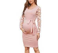 LAHILO Umstandskleid, Midilänge, Lange Rüschärmel aus floralem Netzstoff, figurbetontes Kleid für Babyparty, Fotoshooting., Pink, XX-Large