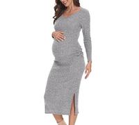 LAHILO V-Ausschnitt Mutterschaft Pullover Kleid, Herbst Umstandskleid, Langarm Seite Rüschen Strick gerippt Mutterschaft Bodycon Kleid, A-Light Grau, XX-Large