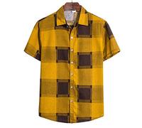 Lahodnamw Herren-Hawaii-Hemd, Kurzärmelig, Abstraktes Gelbes Karomuster, Lässiges, Lockeres Strand-Aloha-Hemd, Hip-Hop-Sommer-Cardigan, Button-Down-Oberteil, Herrenbluse Für Urlaubsparty, L