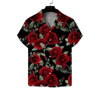 Lahodnamw Herren-Hawaiihemd Mit Camp-Kragen, Kurzärmeliges Hemd - Gothic-Rot-Rosen-Druck, Lässiges, Lockeres Strand-Aloha-Hemd, Hip-Hop-Sommer-Cardigan, Knopfleiste, Herrenbluse, Urlaubsparty, XL