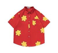 Lahodnamw Kurzarm-Hawaiihemd Für Herren Mit Reverskragen - Cartoon-Gelbe Blumen, Roter Trend-Cardigan-Top, Schicke Bluse, Flippiges, Lässiges Sommer-Strand-Party-Aloha-Hemd, Geschenke Für Männer, M