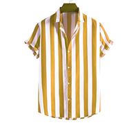 Lahodnamw Vintage Camp Kragen Hawaiihemd Aloha Hemd - Funky Men Gelber Streifendruck Strand Kurzarm Herrenbluse Knopfhemd, Summer Street Lässige Hip-Hop-Top-Cardigan-Geschenke,M