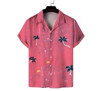 Lahodnamw Vintage-Hawaiihemd Mit Camp-Kragen Für Herren - Strickjacke Mit Kokosnussbaum-Print, Knopfleiste, Funky Beach-Männerbluse, Lässiges Rosa Kurzarm-Aloha-Hemd, Lockeres Alltagskleidungshemd, L