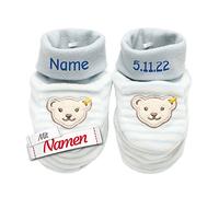 LALALO Steiff Bär Erste Baby Schuhe personalisiert mit Namen, Erstausstattung Geschenk für Neugeborene, Newborn Krabbelschuhe zur Geburt Taufe, Babyparty Erstausstattung (Blau/Junge)