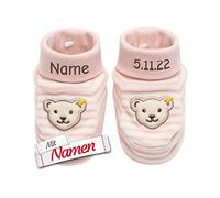 LALALO Steiff Bär Erste Baby Schuhe personalisiert mit Namen, Erstausstattung Geschenk für Neugeborene, Newborn Krabbelschuhe zur Geburt Taufe, Babyparty Erstausstattung (Rosa/Mädchen)