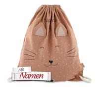LALALO Trixie Katze Turnbeutel mit Namen Mrs. Cat, bestickt, Kinder Sportbeutel personalisiert für Schule und Freizeit, Gymbag, atmungsaktiv, 34 x 40 cm