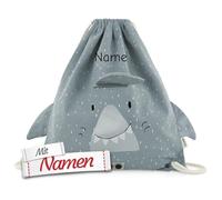 LALALO Trixie Turnbeutel mit Namen bestickt, Hai Mr. Shark, Sportbeutel personalisiert für Schule und Freizeit, atmungsaktiv, Baumwolle, 40 x 34 cm, für Kinder
