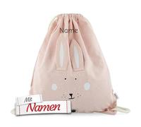 LALALO Trixie Turnbeutel mit Namen Hase, Mrs. Rabbit, bestickt - Sportbeutel personalisiert für Kinder, Schule und Freizeit, große Kapazität, atmungsaktiv, 34 x 40 cm, Baumwolle