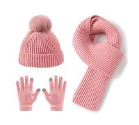 Lallier 3-teiliges Kinder-Set mit Mütze, Schal und Schneehandschuhen, Winter-Strickmütze, warme, weiche Pom-Pom-Mütze für Jungen, Mädchen und Kleinkinder (Rosa)