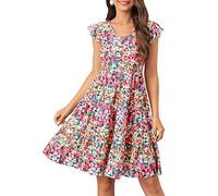 Lamilus Sommerkleider für Frauen 2023 Casual V Ausschnitt Button Down Rüschen Ärmel Kurze gestufte Babypuppe Strand Swing Sommerkleider, Gelb Floral 02, X-Groß