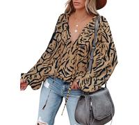 LAMISSCHE Sexy Damenbluse mit tiefem V-Ausschnitt, Laterne, langärmelig, Chiffon, Übergröße, Kordelzug, Seidensatin-Tunika, 002-Khaki Zebra, XX-Large