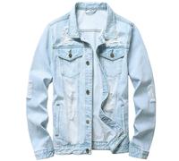 LAMKUKU Herren Jeansjacke, zerrissen, schmale Jeansjacke, Mantel f?r M?nner, Gr??e L, Hellblau-02