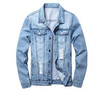 LAMKUKU Herren-Jeansjacke, zerrissene, schmale Jeansjacke für Herren, Hellblau, 4X-Large