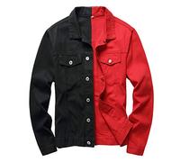 LAMKUKU Herren-Jeansjacke, zerrissene, schmale Jeansjacke für Herren, Schwarz-rot0813, XL