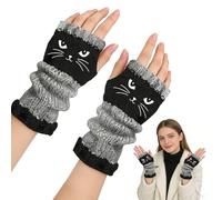 Lamvpiny Knitted Fingerless Gloves, Warm Gloves with Open Fingers, Cat Embroidery, Warm Knitted Glove, Winter Outdoor Accessory for Cat Lovers