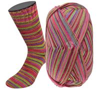Lana Grossa MEILENWEIT 100 g Merino Extrafine COSY extraweiche 4-fach Merino-Sockenwolle 420 m, Farbe:6166 - Pink/Burgund/Frühlingsgrün/Veilchenblau gestreift