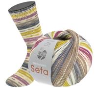 Lana Grossa Meilenweit 100 g SETA LAMPONE 4-fach Sockenwolle mit Seide 400 m, Farbe:3443 - Rohweiß/Malve/Graubeige/Dunkelgrau/Senfgelb