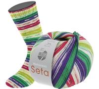 Lana Grossa Meilenweit 100 g SETA LAMPONE 4-fach Sockenwolle mit Seide 400 m, Farbe:3446 - Rohweiß/Jade/Petrol/Violett/Himbeer/Gelbgrün