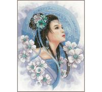 Lanarte Kreuzstich Stickpackungen Gezählter Kreuzstichbilder Set ASIATISCHE FRAU IN BLAU Wanddekoration Handarbeit Set für Erwachsene 30 x 41 cm DIY Deko Bastelset Handwerker Kreative Geschenkset