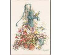 Lanarte Kreuzstich Stickpackungen Gezählter Kreuzstichbilder Set BLUMEN/WASSERPUMPE Wanddekoration Handarbeit Set für Erwachsene 29 x 39 cm DIY Deko Bastelset Handwerker Kreative Geschenkset