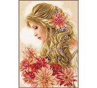 Lanarte Kreuzstich-Set Dame mit den Dahlien – gezählter Kreuzstich, 30 x 45 cm, für Erwachsene