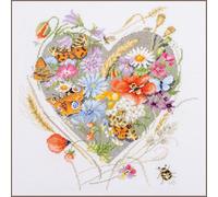 LANARTE Kreuzstich Stickpackungen Gezählter Kreuzstichbilder Set HERZ AUS BLÜTEN Wanddekoration Handarbeit Set für Erwachsene ca. 32 x 35 cm DIY Deko Bastelset Handwerker Kreative Geschenkset