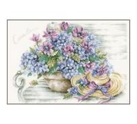 Lanarte Kreuzstich Stickpackungen Gezählter Kreuzstichbilder Set HORTENSIEN/BANK Wanddekoration Handarbeit Set für Erwachsene 44 x 34 cm DIY Deko Bastelset Handwerker Kreative Geschenkset