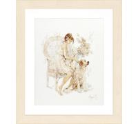 Lanarte Kreuzstich Stickpackungen Gezählter Kreuzstichbilder Set MÄDCHEN AUF STUHL MIT HUND Wanddekoration Handarbeit Set für Erwachsene 39 x 49 cm DIY Deko Bastelset Handwerker Kreative Geschenkset