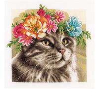 Lanarte Kreuzstich Stickpackungen Gezählter Kreuzstichbilder Set MAINE COON MIT BLUMENKRANZ Wanddekoration Handarbeit Set für Erwachsene 29 x 29 cm DIY Deko Bastelset Handwerker Kreative Geschenkset