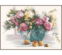 Lanarte Kreuzstich Stickpackungen Gezählter Kreuzstichbilder Set STILLEBEN M. BLUMEN Wanddekoration Handarbeit Set für Erwachsene 53 x 38 cm DIY Deko Bastelset Handwerker Kreative Geschenkset