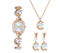 Lancardo 3pcs Rechteckige Damenuhren Set: Glänzend Diamant Kleine Analoge Quarzuhr mit Halskette Ohrringe Schmucksets Mond fünfzackiger Stern Armband Uhren Geschenke für Frauen weiß