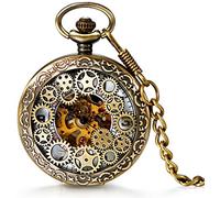 LANCARDO Damen Herren Steampunk Automatik mechanische Taschenuhr Bronze, Retro Zahnrad Ritzel Mechanische Kettenuhr Skelett Uhr mit Halskette Kette