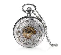 LANCARDO Damen Herren Taschenuhr Retro Zahnrad Ritzel Mechanische Kettenuhr Skelett Uhr Steampunk Automatik mechanisch Pocket Watch Bronze mit Halskette Pullover Kette (Silber)