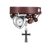 Lancardo Uhren Damen Mehrschichtige Lederuhr: Herzförmige Analoge Quarzuhr mit Kreuzanhänger Holzperlen Retro Lederarmband Damenuhren Geschenke für Frauen braun