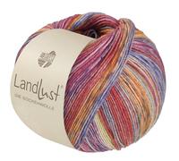 LandLust die Sockenwolle Seide 335 - Orange/Grau/Zitrusgelb/Hellblau/Blau/Violett/Fuchsia/Hellrot Gestreift