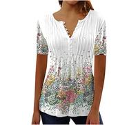 Lang Bluse Damen Longshirt mit Knopfleiste Modisches Landschaft Druck Tshirt Oberteile Sommer Kurzärmlige Tops mit V-ausschnitt Elegant Long T-shirt Loose Fit Tunika Bluse Lose Jumper Partywear