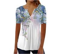 Lang Bluse Damen Longshirt mit Knopfleiste Modisches Landschaft Druck Tshirt Oberteile Sommer Kurzärmlige Tops mit V-ausschnitt Elegant Long T-shirt Loose Fit Tunika Bluse Lose Jumper Partywear