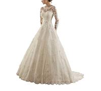 Lang Brautkleider Standesamt A-Linie Spitze Tüll Hochzeitskleider Prinzessin Brautkleid Langarm Weiß 44