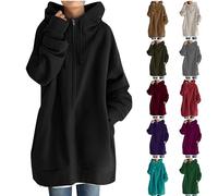 Lang Sweatjacke Damen Mode Einfarbig Jacke Zip Up Hoodie Große Größen Kapuzenjacke Langarm Sportjacke Gefüttert Fleecejacke Herbst Winter Sweatshirt mit Kapuze Locker Hoody Oberteile Taschen Mantel