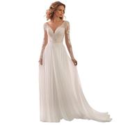 Langärm Brautkleider für Braut Spitze Tüll Hochzeitskleid mit Zug V-Ausschnitt A Linie Abendkleider R-Elfenbein,DE36
