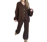 Langärmeliger Damen-Cardigan mit V-Ausschnitt und ausgestellter Hose, Loungewear-Set, gerippte Strickknöpfe, Pullover und Palazzo Coord-Trainingsanzug, schokoladenbraun, 16-18