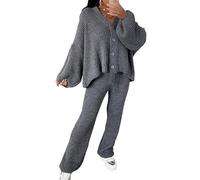 Langärmeliger Damen-Cardigan mit V-Ausschnitt und ausgestellter Hose, Loungewear-Set, gerippte Strickknöpfe, Pullover und Palazzo Coord-Trainingsanzug, anthrazit, 16-18