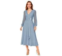 Langärmeliges Chiffon-Kleid für die Brautmutter für Damen, V-Ausschnitt, plissiert, formelles Abendkleid, A-Linie, Hochzeitskleid, stahlblau, 54 Plus