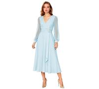 Langärmeliges Chiffon-Kleid für die Brautmutter für Damen, V-Ausschnitt, plissiert, formelles Abendkleid, A-Linie, Hochzeitskleid, hellblau, 32