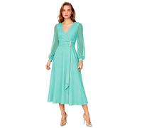 Langärmeliges Chiffon-Kleid für die Brautmutter für Damen, V-Ausschnitt, plissiert, formelles Abendkleid, A-Linie, Hochzeitskleid, türkis, 34