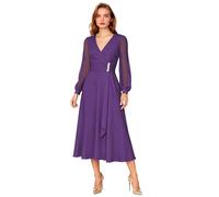 Langärmeliges Chiffon-Kleid für die Brautmutter für Damen, V-Ausschnitt, plissiert, formelles Abendkleid, A-Linie, Hochzeitskleid, violett, 42