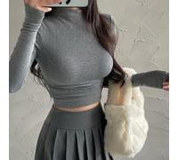 Langärmeliges Crop-Top für Damen, gerippt, halber Rollkragen, schmale Passform, für Y2K, Streetwear-Shirt, M-2XL