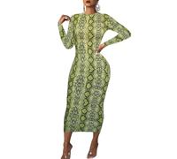 Langärmeliges figurbetontes Damenkleid - Midi-Kleid, lässig, Club, Party, lang, enganliegend, Herbstkleider, Schlangenhaut-Grün, X-Klein