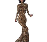 Langärmeliges Maxikleid für Damen - lässiger Rollkragen, figurbetont, formelle Kleider, eleganter Meerjungfrauensaum 2025, Brauner Gepard, Groß